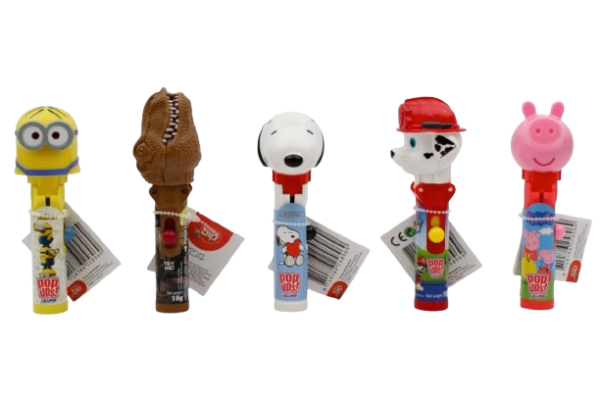 Pop Ups Lollipop Mix Wysuwany Lizak-Zabawka Mix Psi Patrol Minionki Park Jurajski Peppa Snoopy Karton 20 x 10g