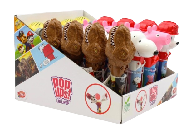 Pop Ups Lollipop Mix Wysuwany Lizak-Zabawka Mix Psi Patrol Minionki Park Jurajski Peppa Snoopy Karton 20 x 10g
