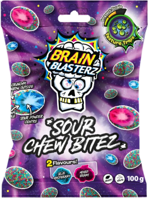 Brain Blasterz Sour Chew Bitez Kwaśne Cukierki do Żucia w Tęczowej Kwaśnej Posypce 100g