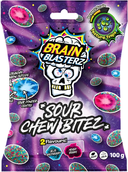 Brain Blasterz Sour Chew Bitez Kwaśne Cukierki do Żucia w Tęczowej Kwaśnej Posypce 100g